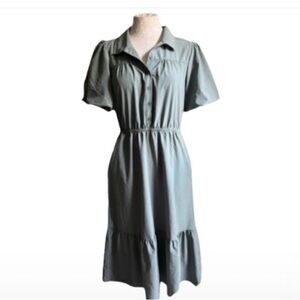 Lucky Brand Light Sage Puff Sleeve Ruffle Hem Smock Dress with Pockets